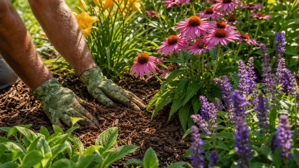 gardener's hands mulching around blooming perennials in a bright summer garden, warm…