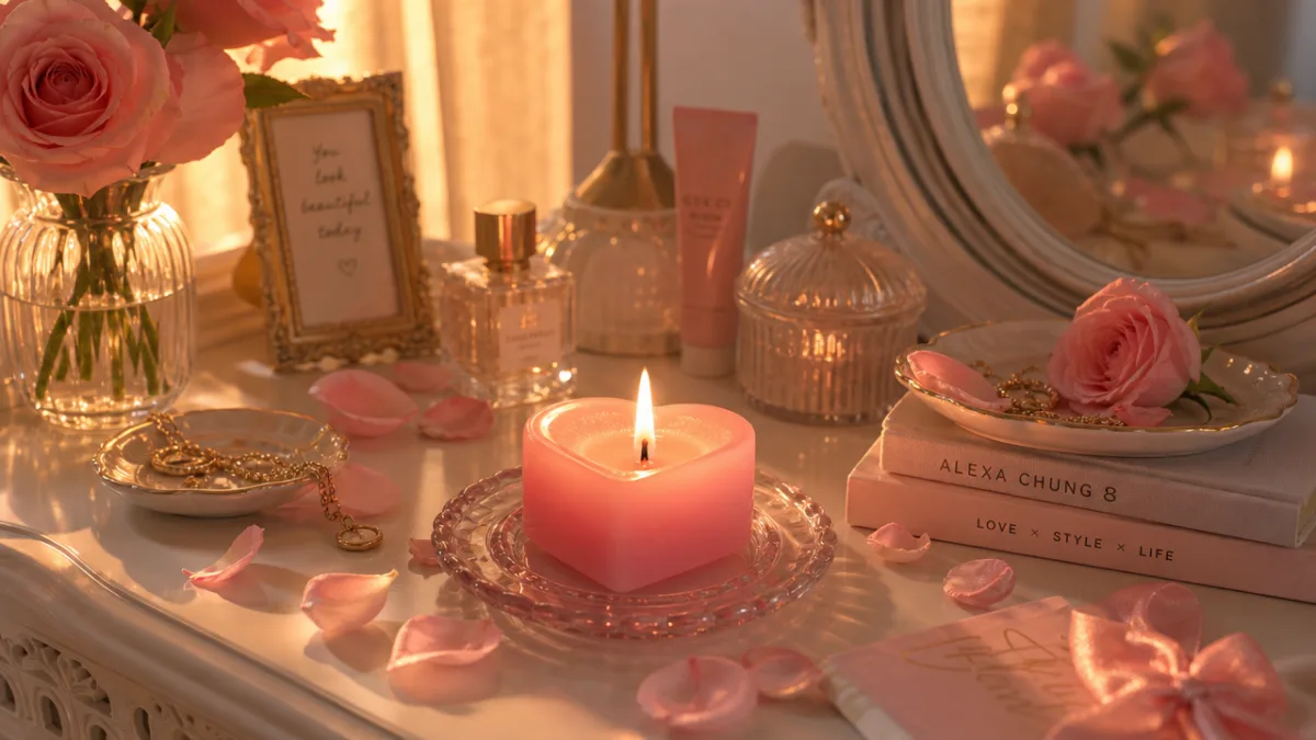 a softly lit vanity table with a pink heart-shaped candle glowing warmly,…