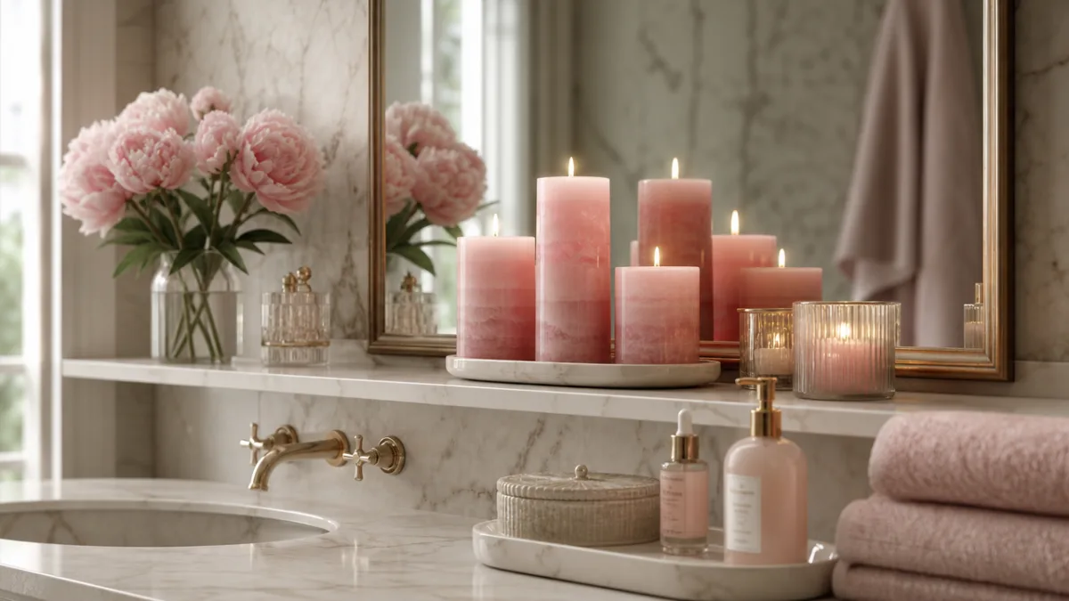 an elegant bathroom shelf with layered pink candles reflecting in a mirror,…