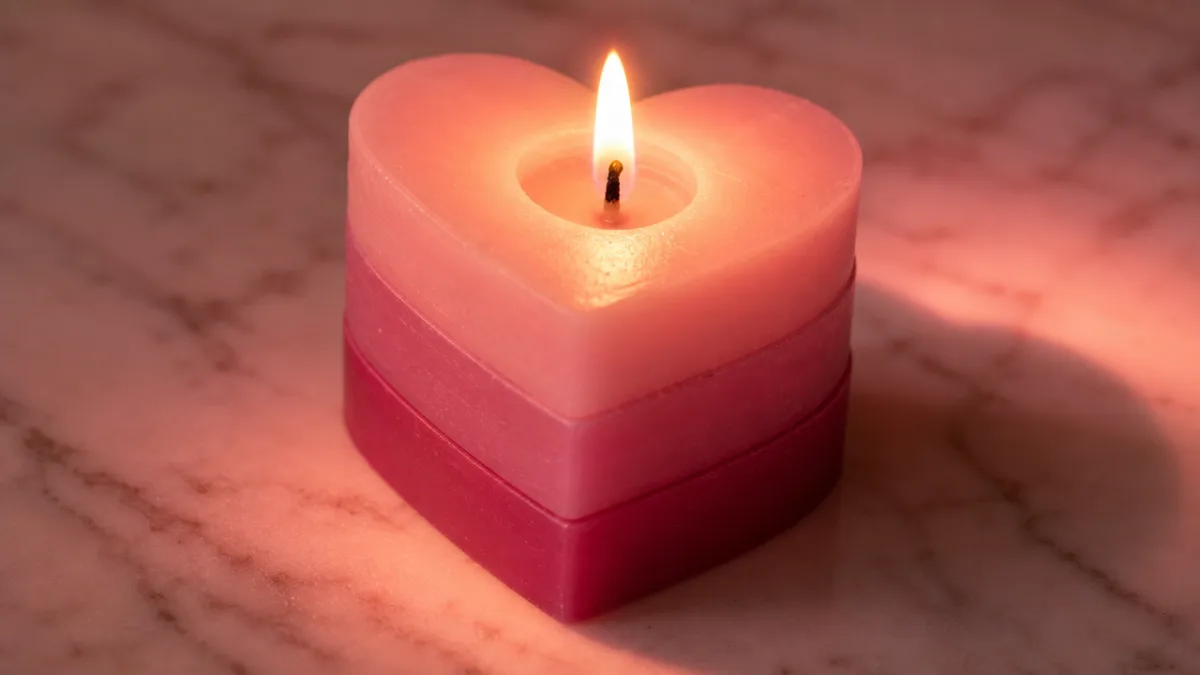 close-up of a three-layer pink heart candle with a lit flame, warm…