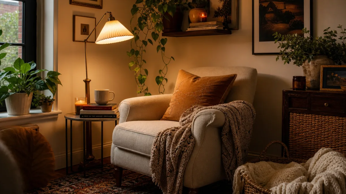 a warmly lit cozy corner with layered textures, a cream armchair, warm…