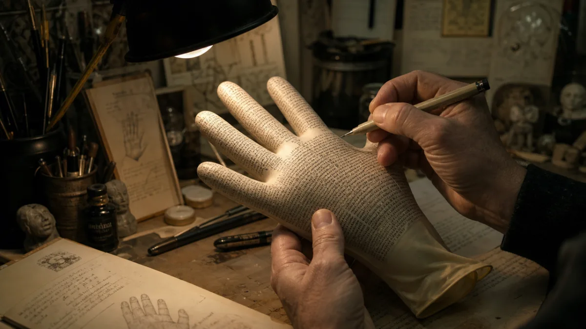 an artist's hands carefully writing tiny script on a stretched rubber glove…