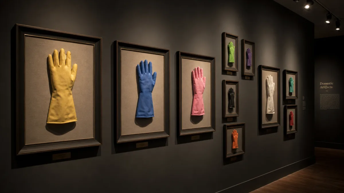 a gallery wall displaying multiple rubber gloves mounted in frames, moody ambient…