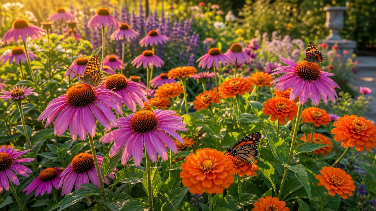 a lush garden bed filled with purple coneflowers and orange zinnias, warm…
