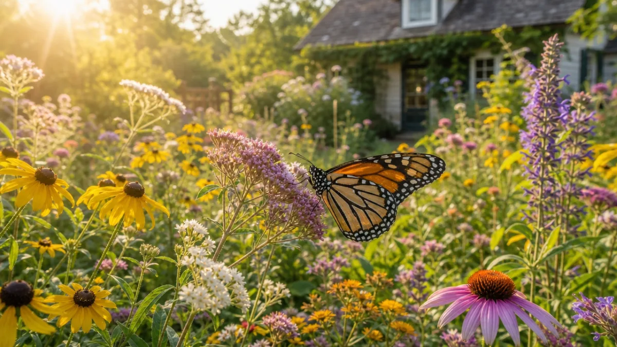 a sun-drenched cottage garden with diverse native wildflowers in full bloom, soft…
