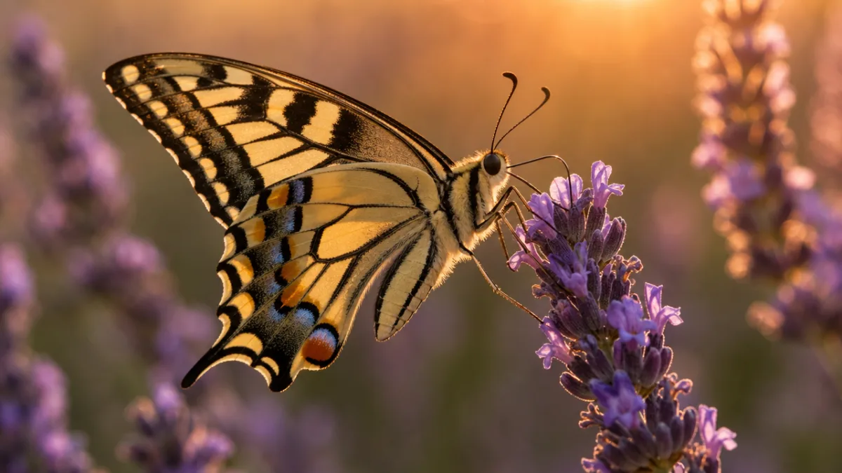 a close-up of a swallowtail butterfly feeding on purple lavender, shallow depth…
