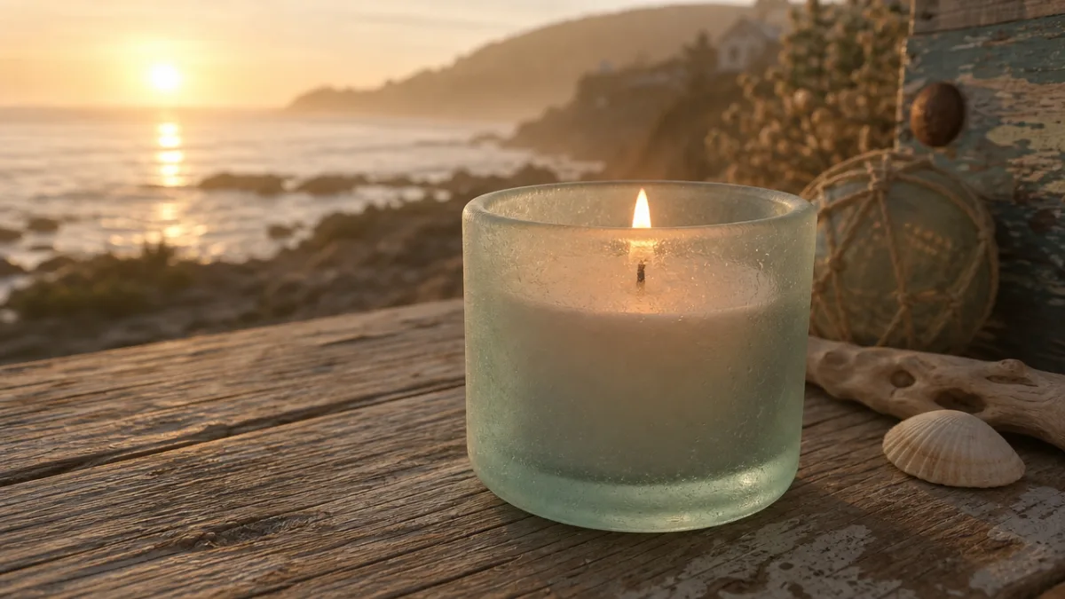 a lit shoreline candle in frosted sea-glass vessel on a weathered wooden…