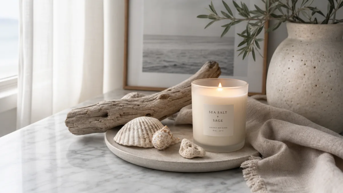 a styled coastal vignette with a lit candle, driftwood, shells, and linen…