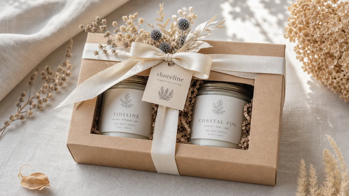 an elegantly wrapped shoreline candle gift set with dried botanicals, kraft paper,…