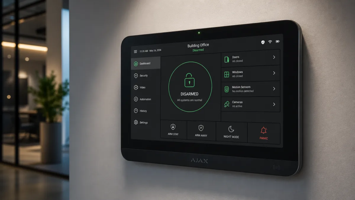 a modern security control panel mounted on a wall, illuminated by focused…