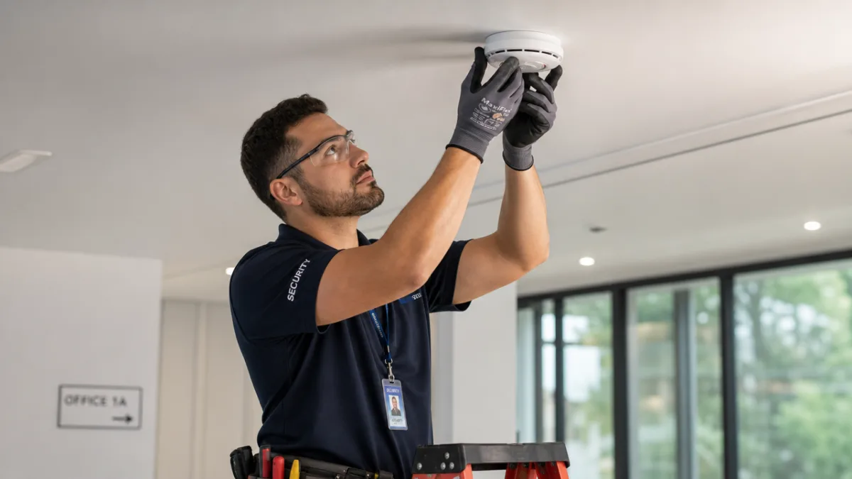 a professional security technician installing a smoke detector on a ceiling, bright…