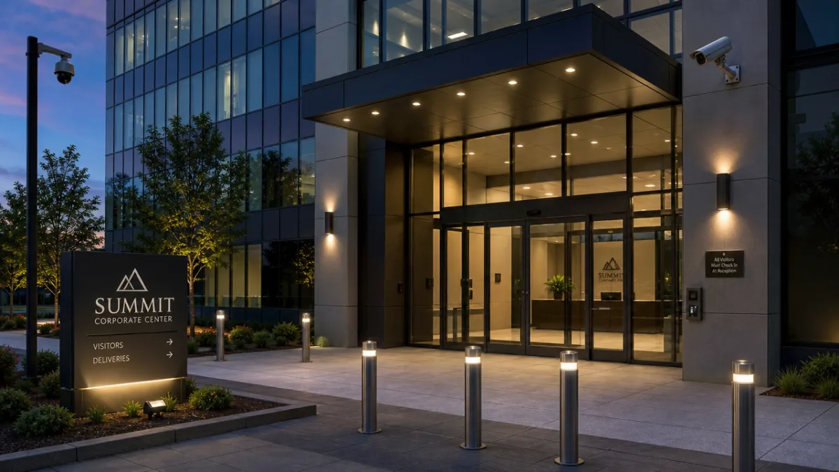 a secure modern office building entrance at dusk with visible security cameras…