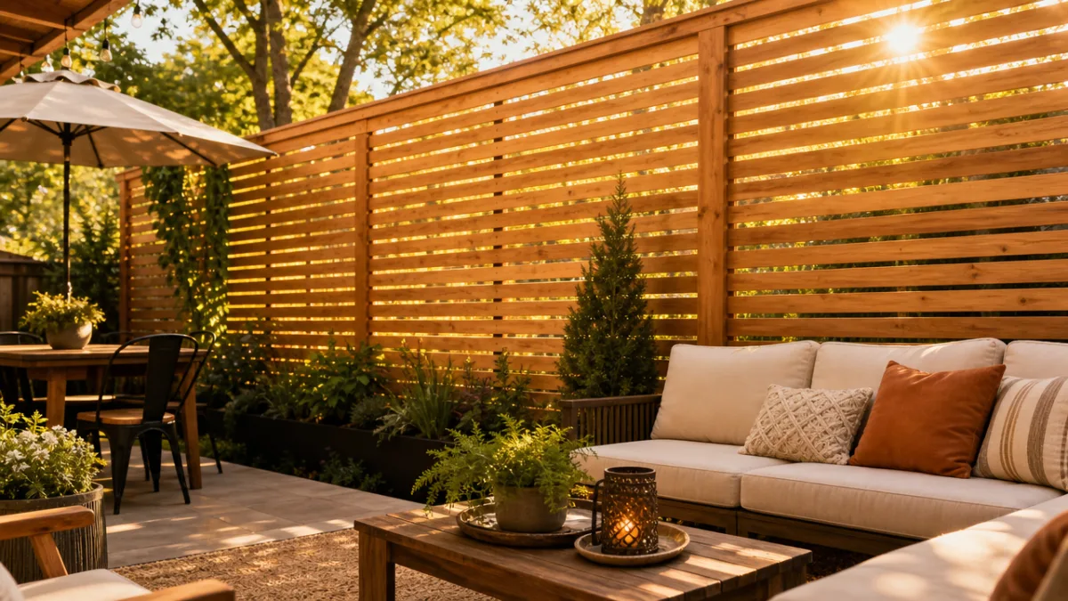 a warm backyard patio with a natural cedar horizontal slat privacy screen,…