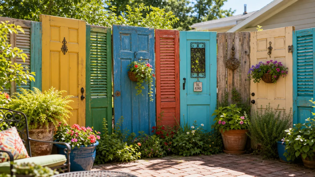 a charming backyard privacy screen made from colorful repurposed wooden doors and…