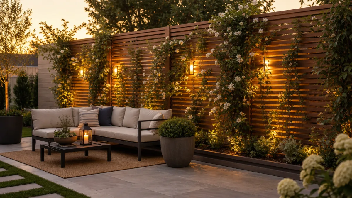 a beautifully maintained backyard privacy screen with climbing plants and outdoor seating,…