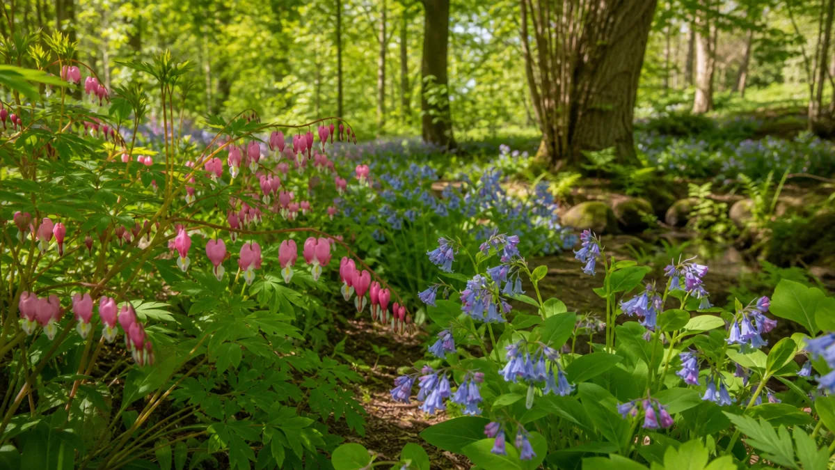 a lush woodland garden with bleeding heart and Virginia bluebells in dappled…
