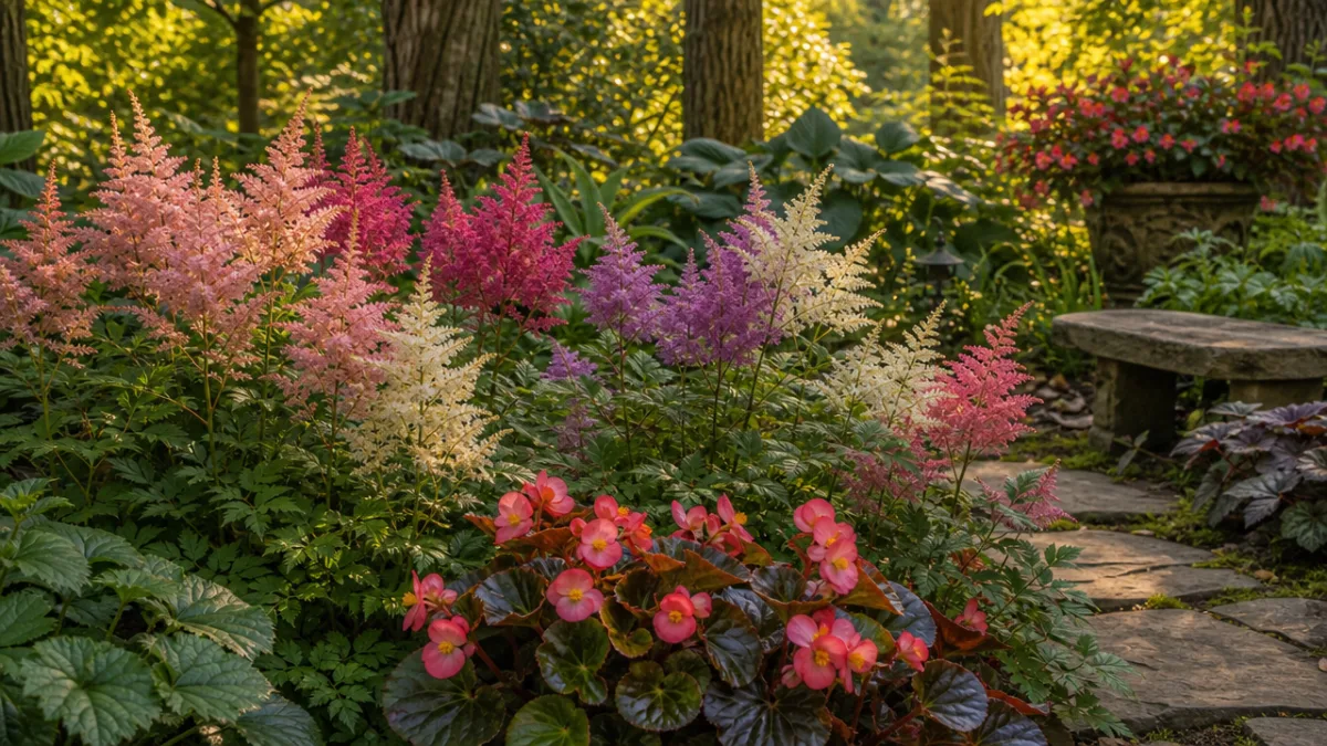 colorful astilbe plumes and begonias in a shaded summer garden, warm golden…