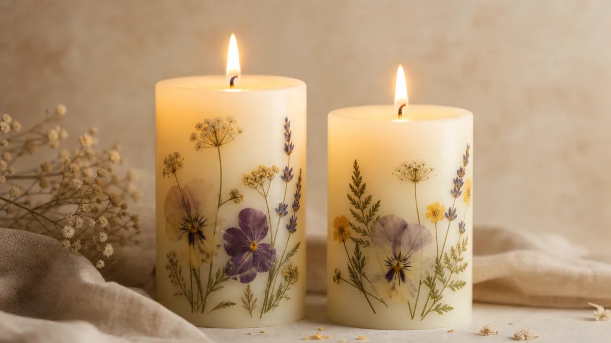two elegant white wax pillar candles with pressed flowers, warm golden flickering…