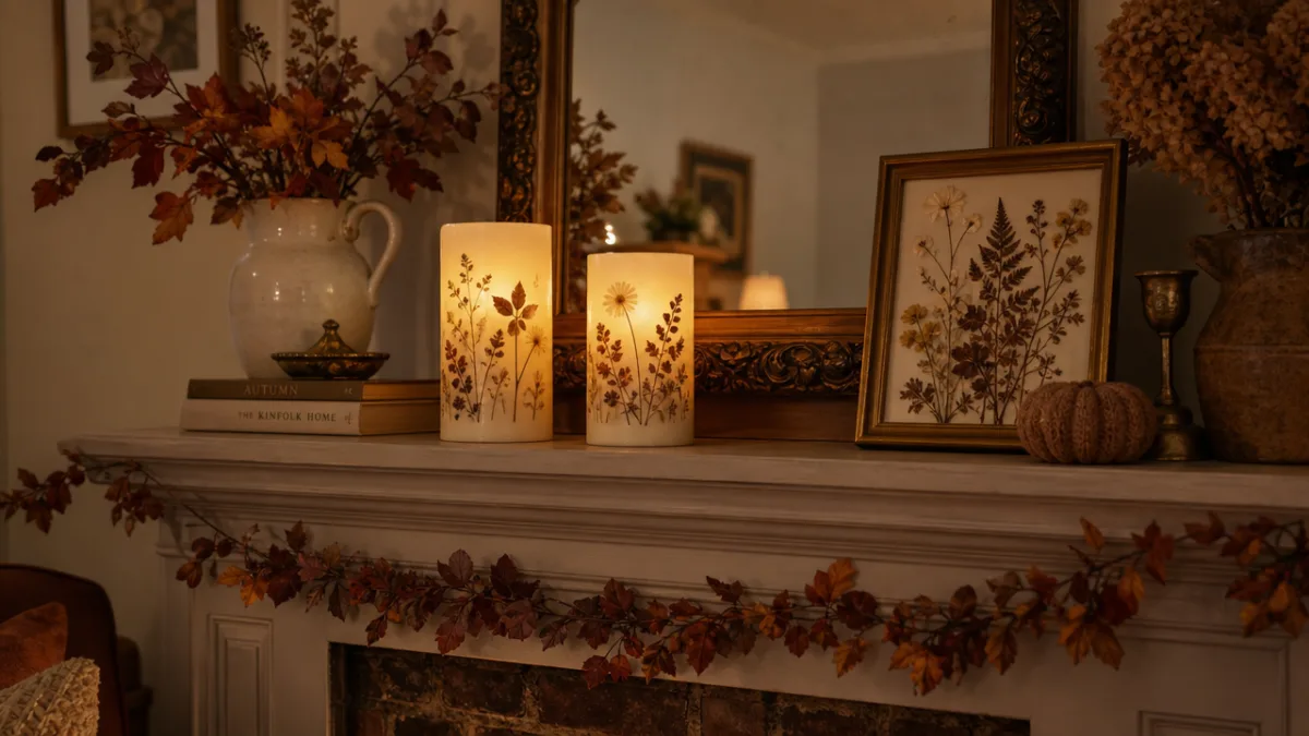 a styled fireplace mantle with two flameless pillar candles, pressed flowers visible,…
