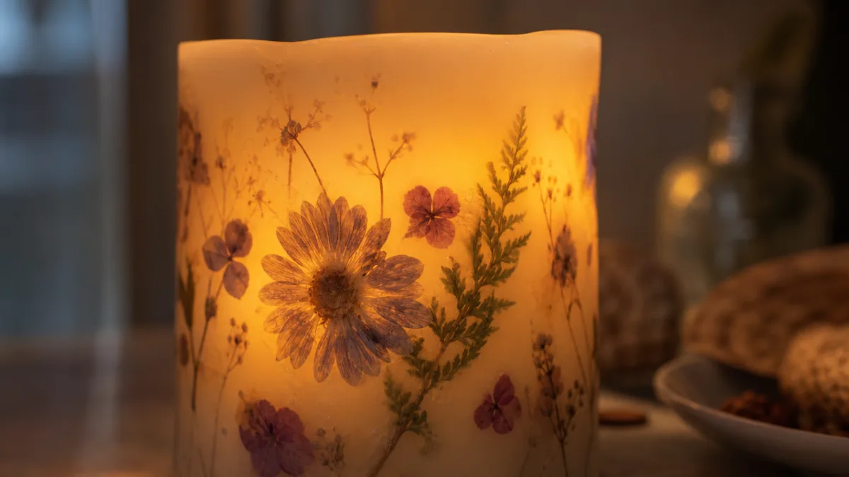 close-up of flameless pillar candle with embedded pressed flowers glowing warmly, shallow…