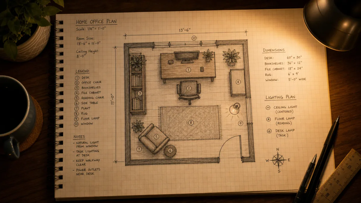 a detailed home office floor plan sketch on graph paper under warm…