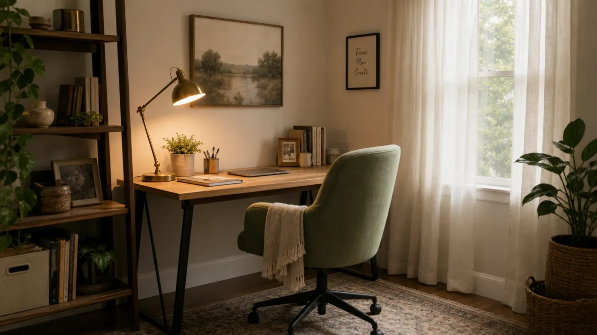 a cozy small home office with warm desk lamp, sage green chair,…