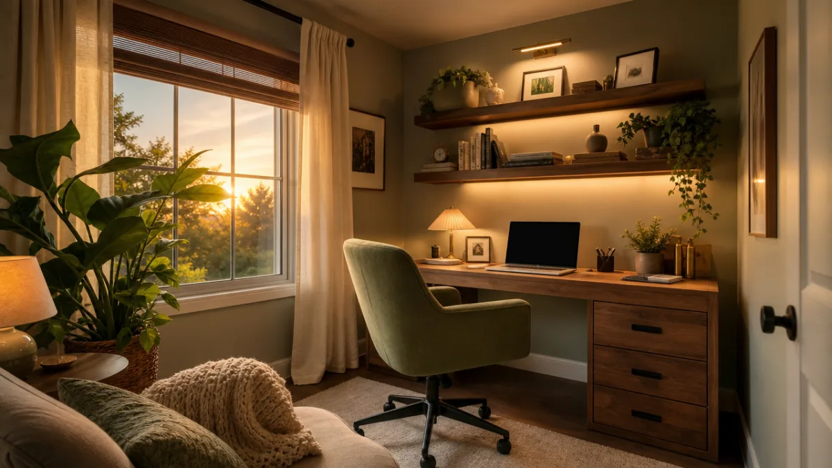 a transformed small home office with floating shelves, sage chair, warm layered…