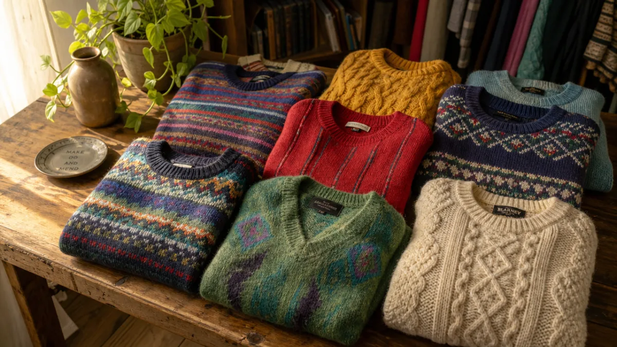 a collection of colorful thrift store jumpers folded on a rustic wooden…