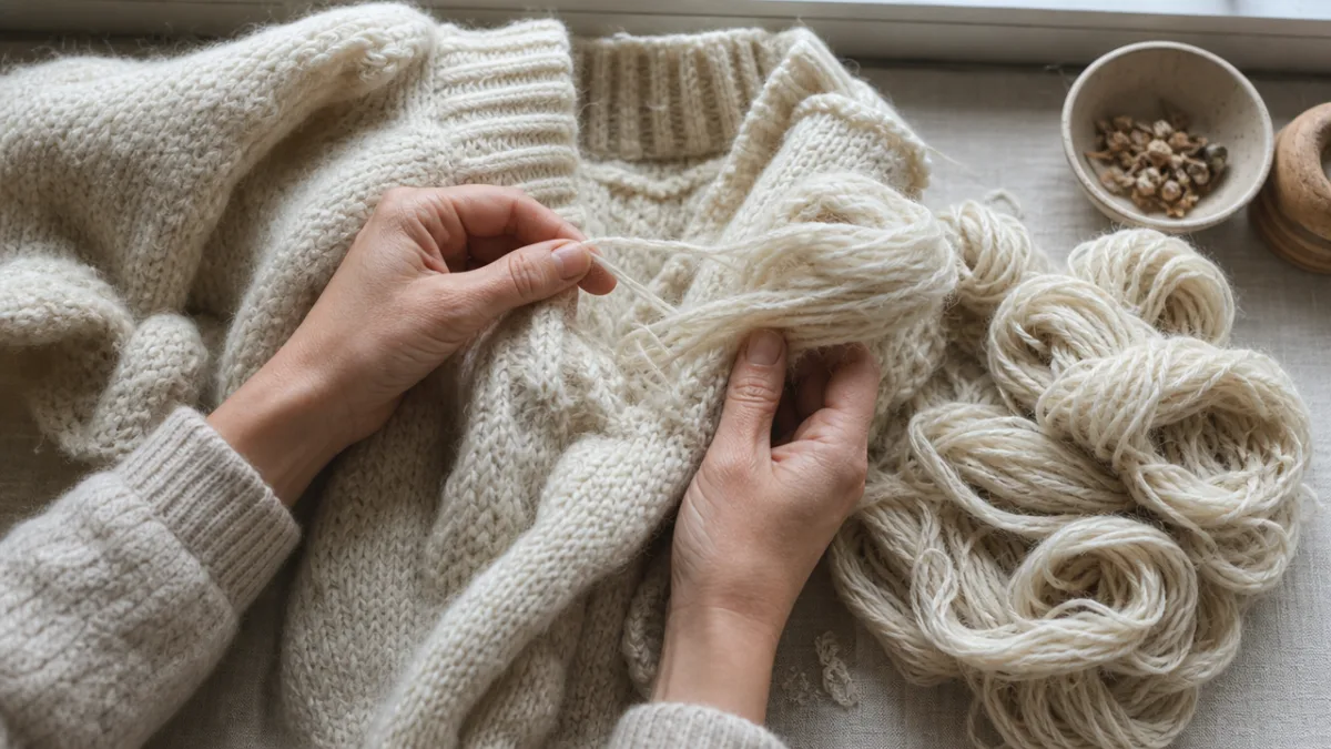 hands gently unraveling a cream-colored woolly jumper into loose skeins, soft natural…
