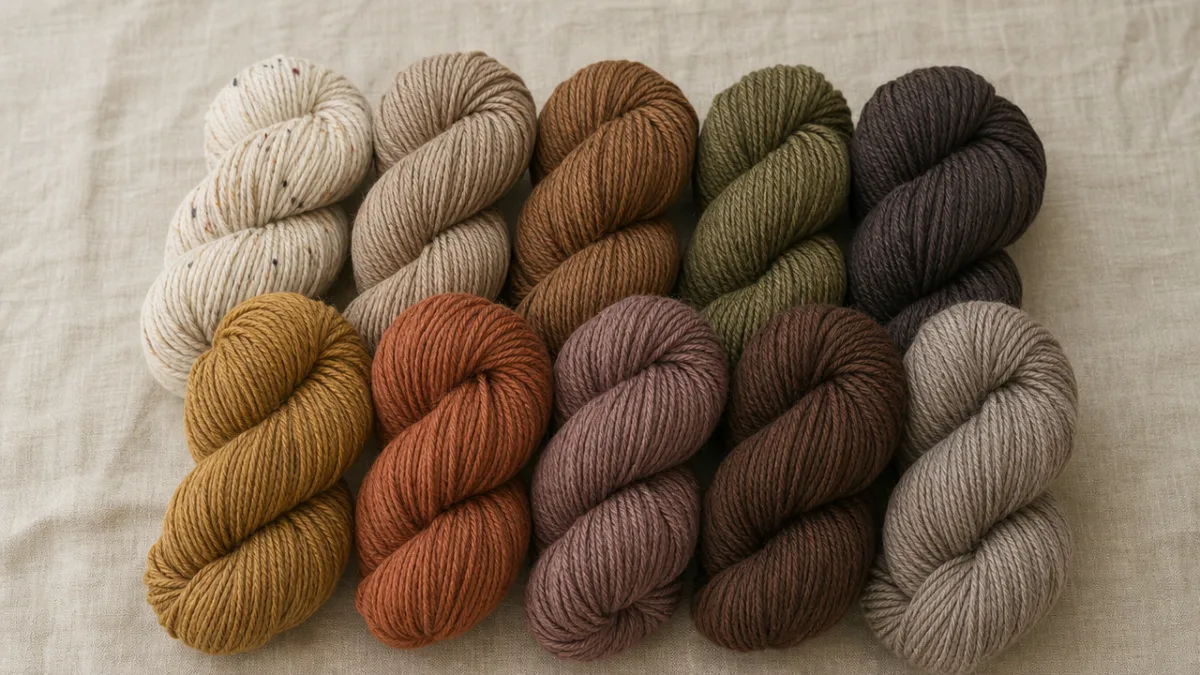 neatly wound skeins of reclaimed yarn in earth tones arranged on a…