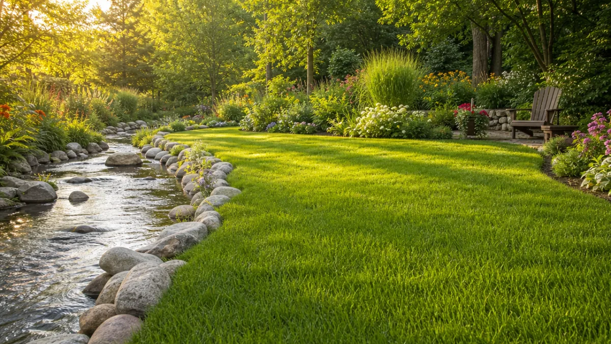 a lush green lawn bordered by a natural river stone edge, warm…