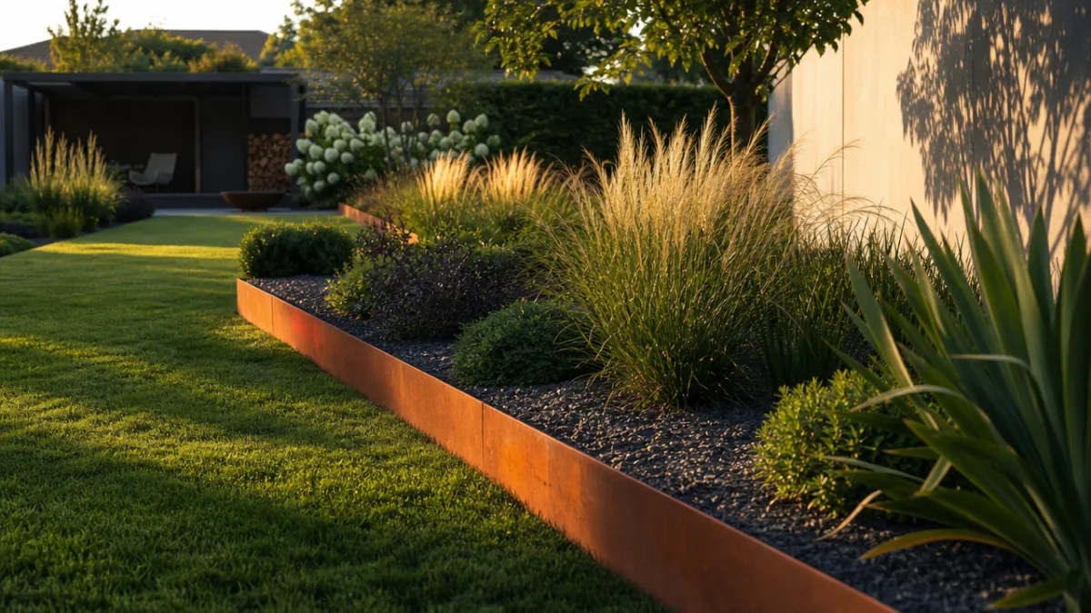 a sleek modern garden with Corten steel lawn edging, dramatic low angle…