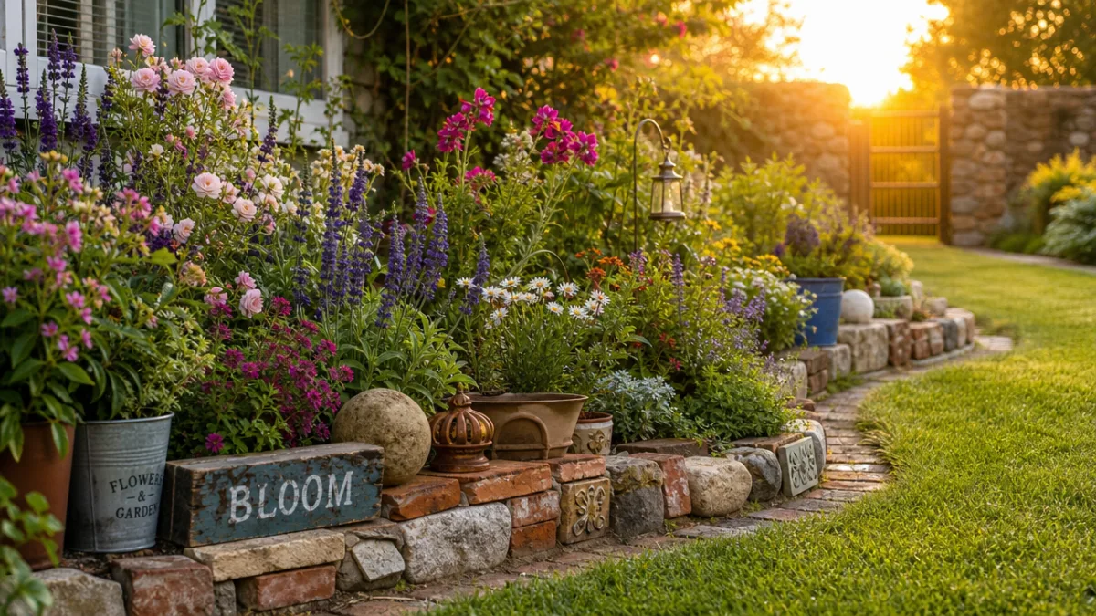 a charming cottage garden lawn edge with mixed creative materials, golden hour…