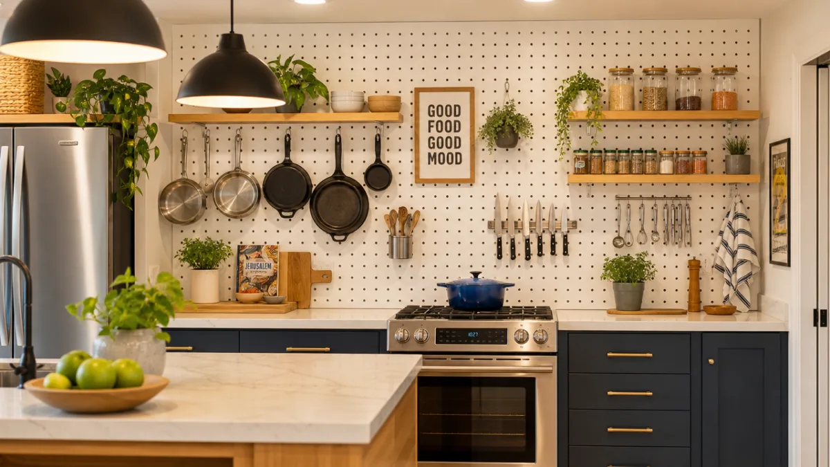 a bright modern kitchen with pegboard wall storage, warm overhead lighting showing…