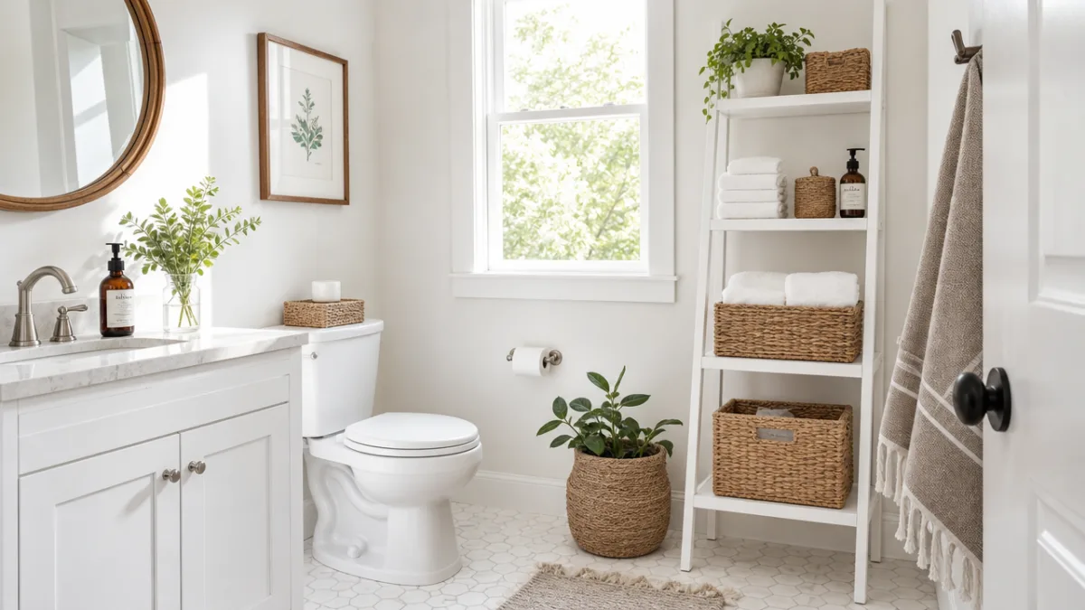 a small bright bathroom with white ladder shelf and organized woven baskets,…