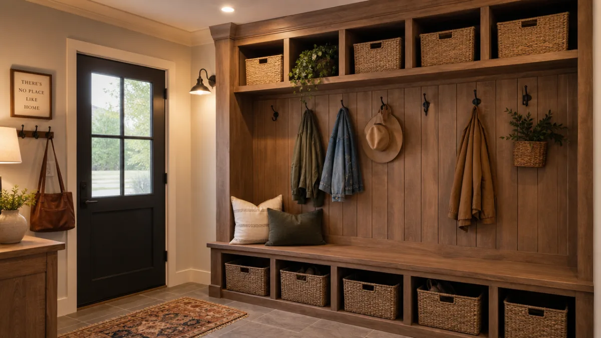 an organized mudroom entryway with wooden cubbies, hooks, and baskets, warm inviting…
