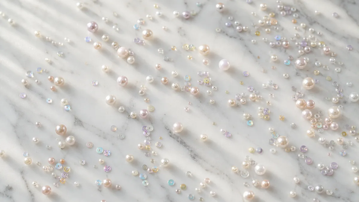a flat lay of pearl and confetti beads scattered on a white…