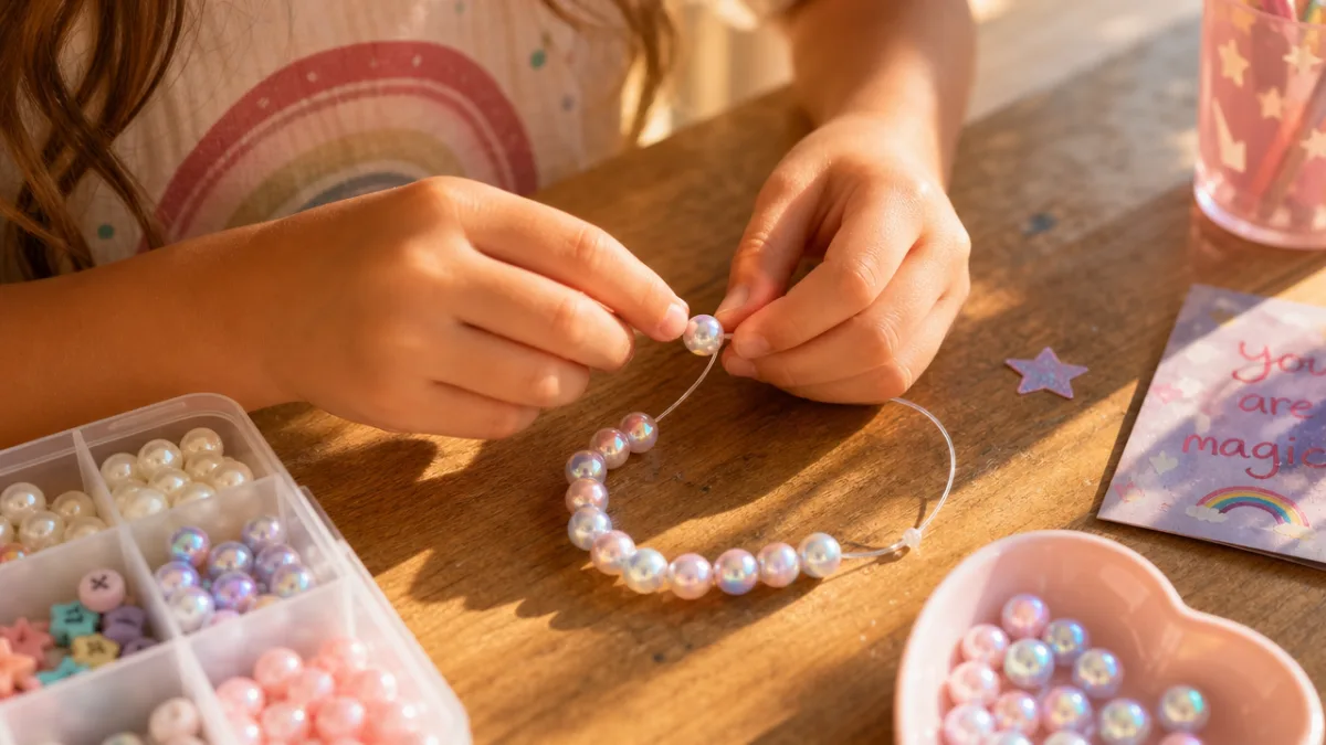 a child's hands carefully threading iridescent pearl beads onto elastic cord at…