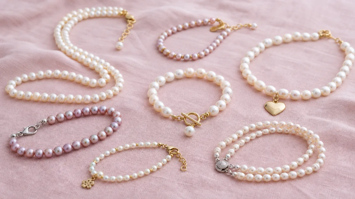 a collection of finished pearl bead bracelets and necklaces arranged on a…