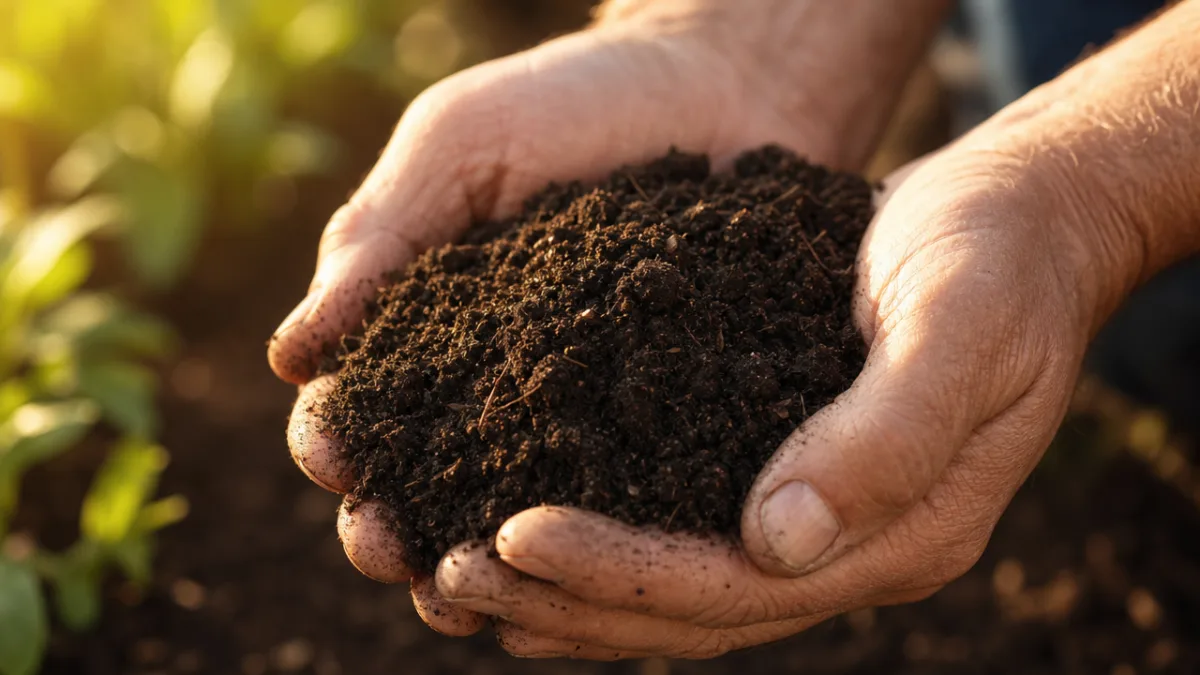 a close-up of a person's hands holding dark rich garden soil in…