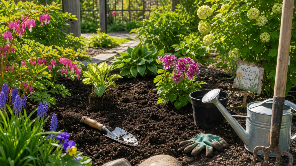 a lush garden bed with dark amended soil and garden tools, bright…