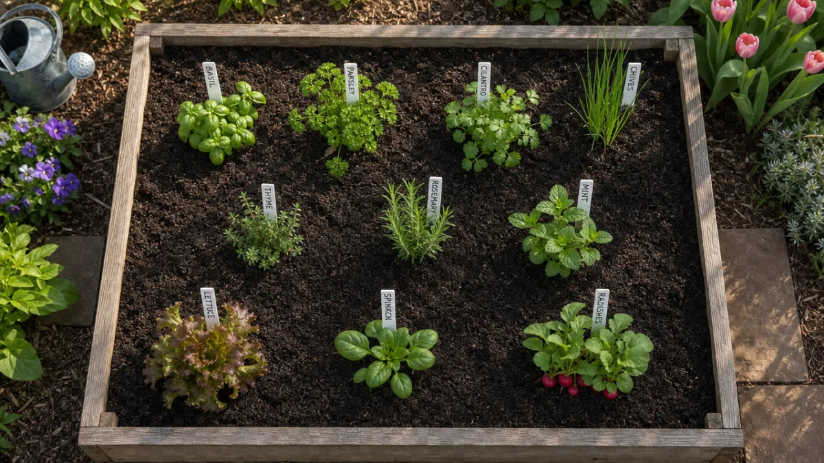 an overhead view of a neatly prepared garden bed with fresh dark…