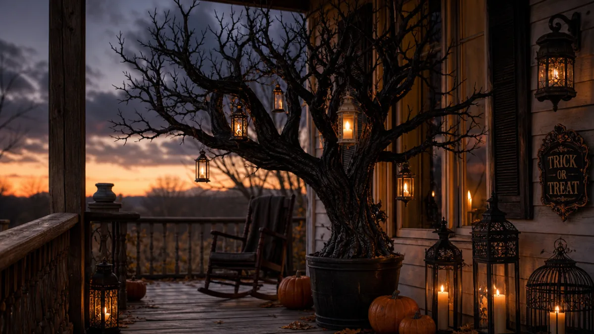 a dramatic black bare-branch Halloween tree on a wooden porch at dusk,…