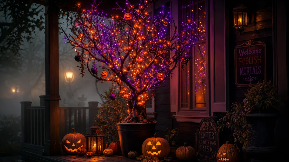 a glowing Halloween tree with orange and purple string lights on a…