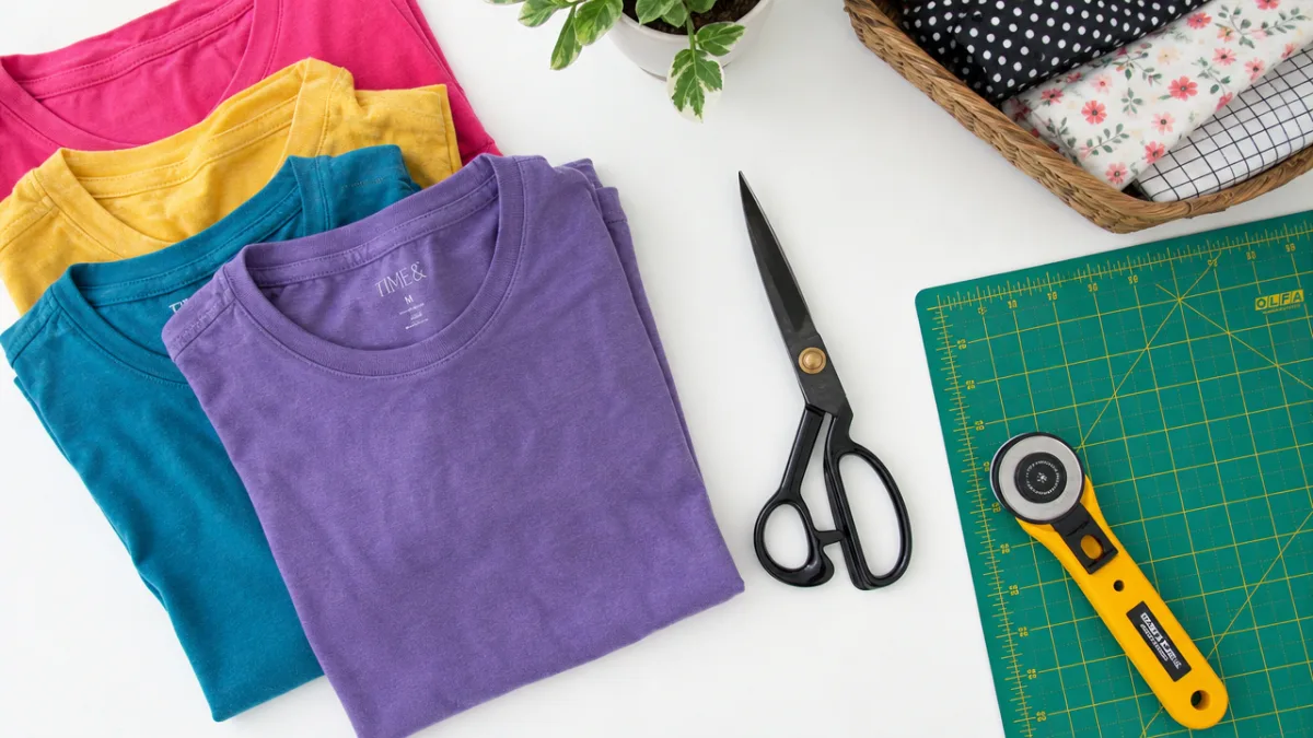 a flat lay of colorful t-shirts, fabric scissors, and a rotary cutter…
