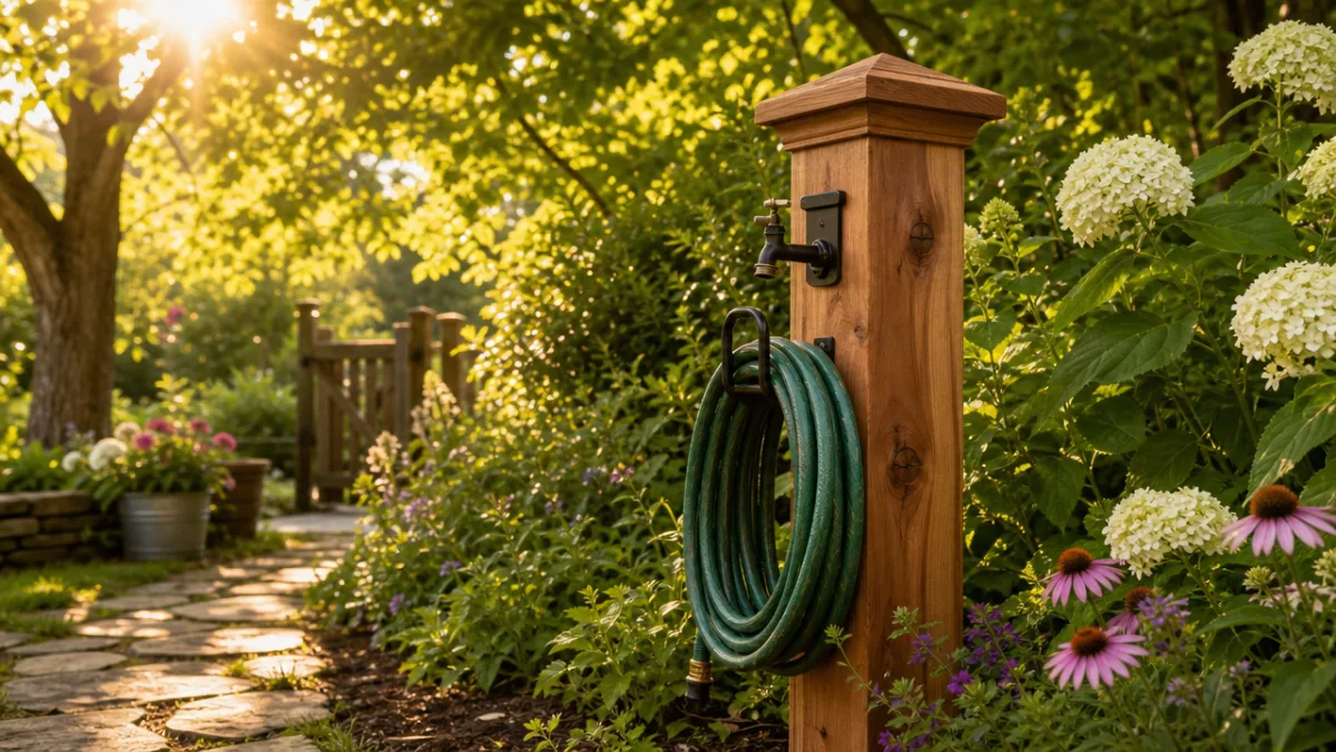 a rustic cedar hose post in a lush garden with warm afternoon…