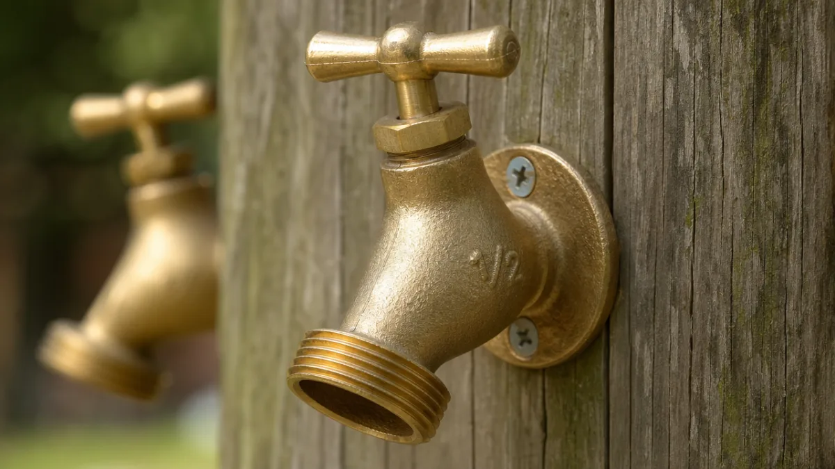 close-up of brass hose bib fittings on a weathered wood post, soft…