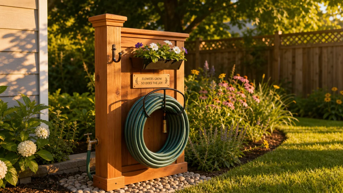 a completed DIY hose post station in a sunny backyard garden, golden…
