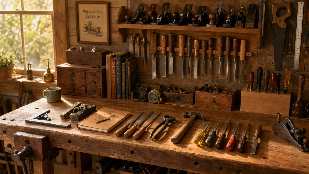 a neatly organized wooden workbench covered in hand tools, warm workshop lighting…