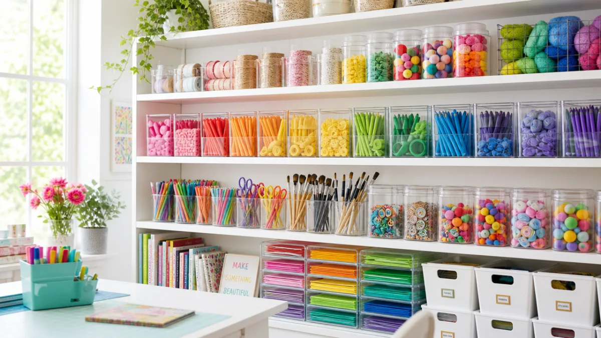 colorful craft supplies arranged in clear containers on white shelving, bright airy…